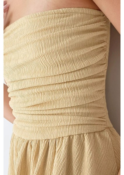 Kadın Straplez Fırfırlı Arkası Gipeli Mini Elbise Limon Sarısı