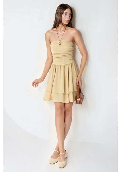 Kadın Straplez Fırfırlı Arkası Gipeli Mini Elbise Limon Sarısı