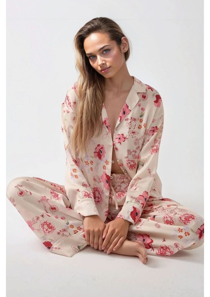 Kadın Baskılı Saten Pijama Takımı Multicolor