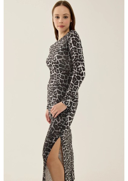 Kadın Yırtmaçlı Leopar Desenli Maxi Elbise Black