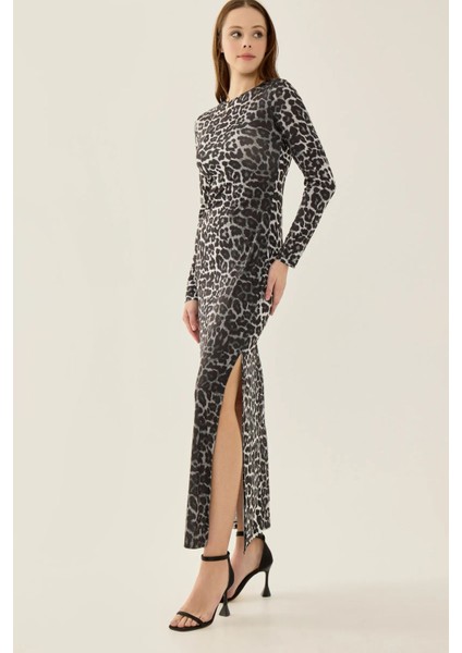 Kadın Yırtmaçlı Leopar Desenli Maxi Elbise Black