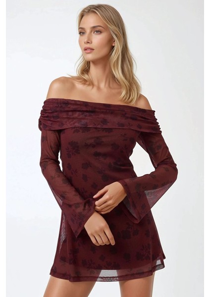 Kadın Çiçek Desenli Omzu Açık Tül Bodycon Mini Elbise Kırmızı indirimleri