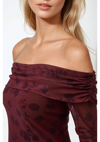 Kadın Çiçek Desenli Omzu Açık Tül Bodycon Mini Elbise Kırmızı