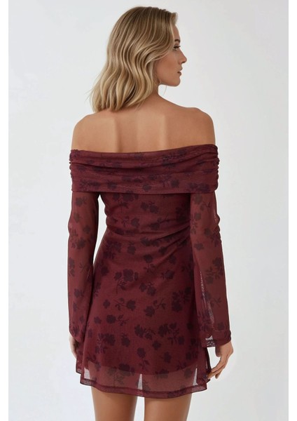Kadın Çiçek Desenli Omzu Açık Tül Bodycon Mini Elbise Kırmızı