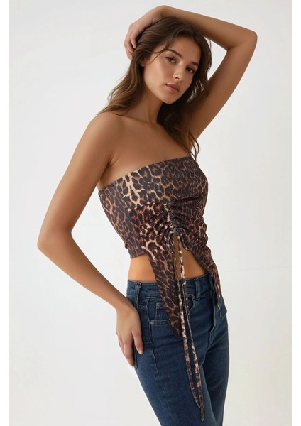 Kadın Leopar desenli Büzgü Detaylı Straplez Crop Üst Çok Renkli