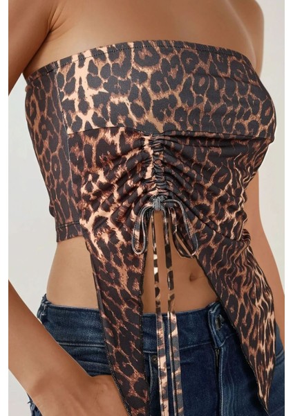 Kadın Leopar desenli Büzgü Detaylı Straplez Crop Üst Çok Renkli
