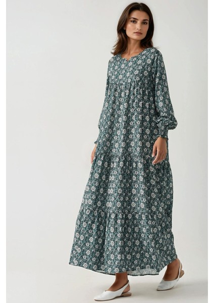 Kadın Desenli Yuvarlak Yaka Viskon Modest Elbise Green