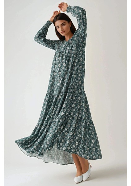 Kadın Desenli Yuvarlak Yaka Viskon Modest Elbise Green