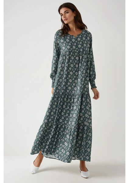 Kadın Desenli Yuvarlak Yaka Viskon Modest Elbise Green