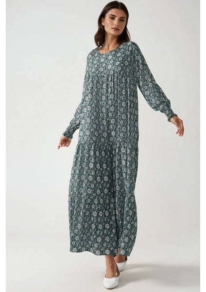 Kadın Desenli Yuvarlak Yaka Viskon Modest Elbise Green