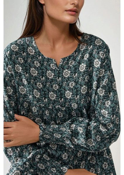 Kadın Desenli Yuvarlak Yaka Viskon Modest Elbise Green