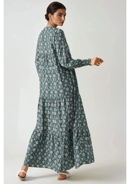Kadın Desenli Yuvarlak Yaka Viskon Modest Elbise Green