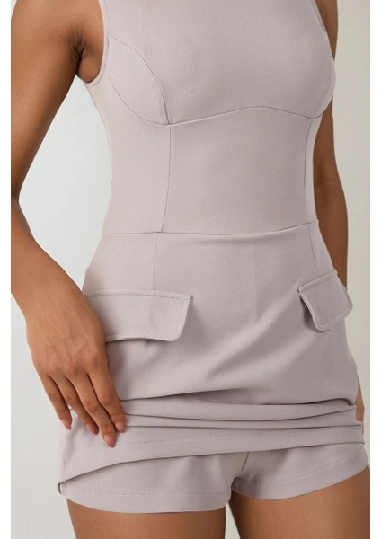 Kadın İçi Şortlu Cep Kapaklı Dar Mini Elbise Açık Gri