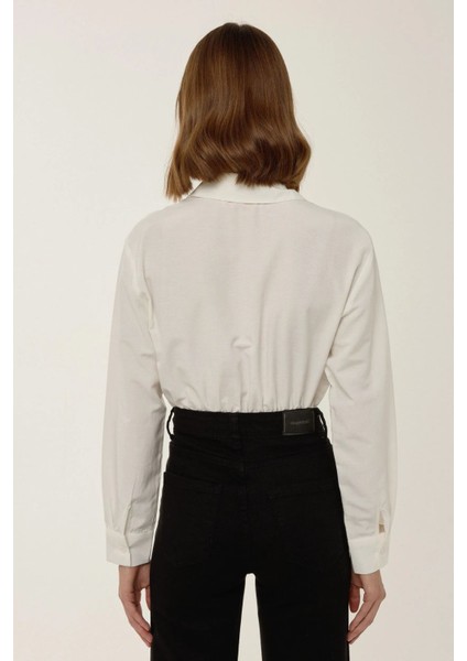 Kadın Düğmeli Uzun Kollu Gömlek Yaka Bodysuit Natural