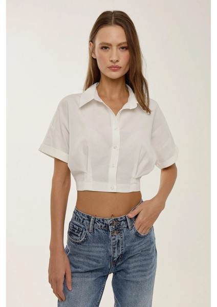 Kadın Kısa Kollu Crop Gömlek Natural