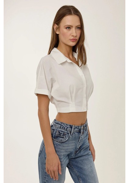 Kadın Kısa Kollu Crop Gömlek Natural