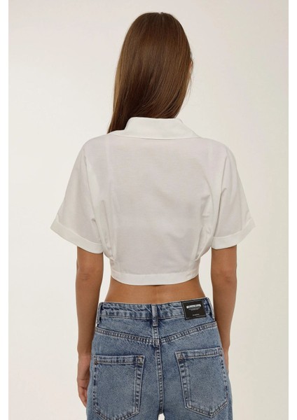Kadın Kısa Kollu Crop Gömlek Natural