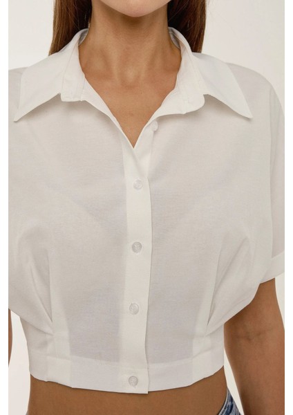 Kadın Kısa Kollu Crop Gömlek Natural
