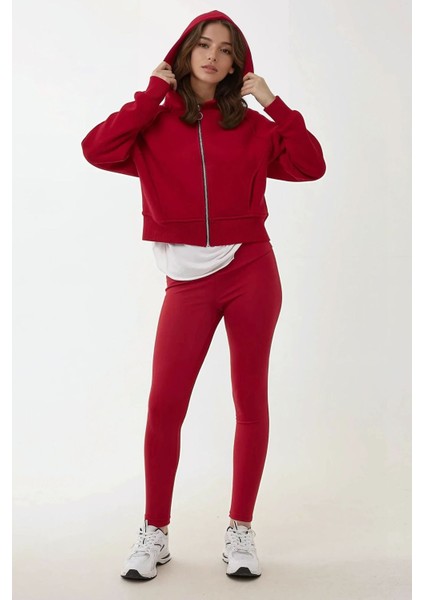 Kadın Rahat Kesim Kapüşonlu Fermuarlı Hoodie Red