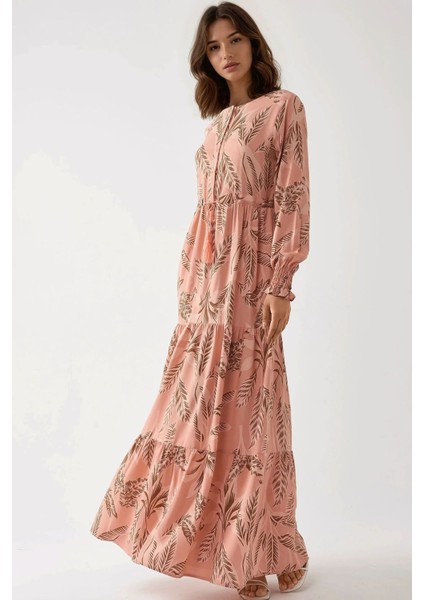 Kadın Baskılı Uzun Kol Viskon Modest Elbise Allık Pembe