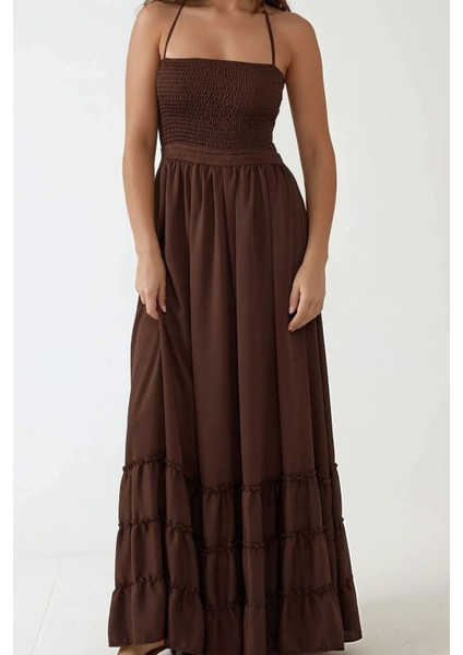 Kadın Kare Yaka Dokulu Maxi Elbise Brown