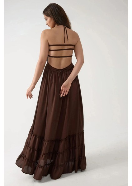 Kadın Kare Yaka Dokulu Maxi Elbise Brown