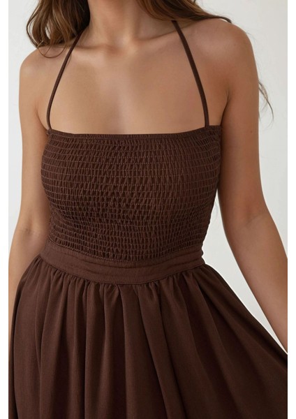 Kadın Kare Yaka Dokulu Maxi Elbise Brown