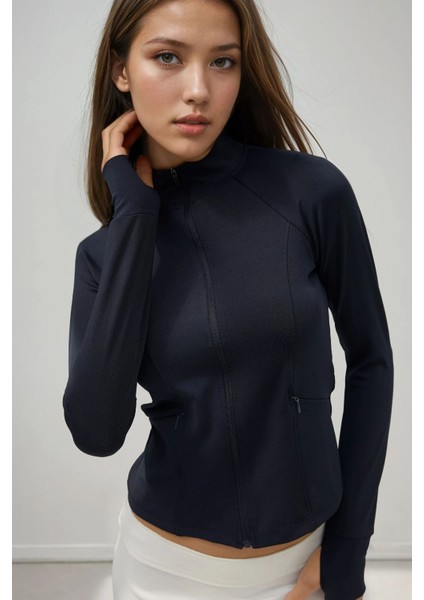 Kadın Dar Kesim Örme Dik Yaka Fermuarlı Aktif Üst Blue