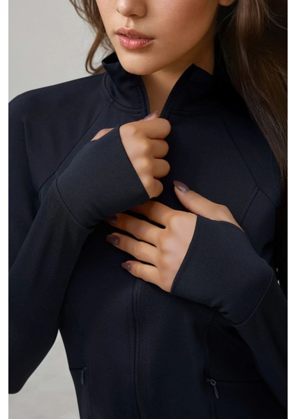 Kadın Dar Kesim Örme Dik Yaka Fermuarlı Aktif Üst Blue