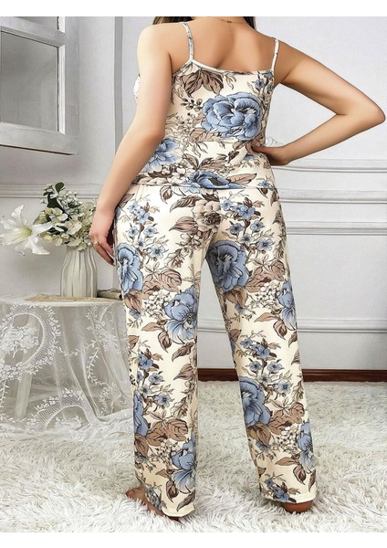 Büyük Beden Mavi Çiçek Desenli Ince Askılı 2'li Saten Pijama fiyatları