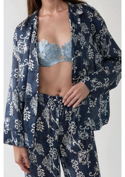 Kadın Baskılı Saten Pijama Takımı Lacivert