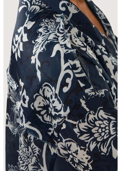 Kadın Baskılı Saten Pijama Takımı Lacivert