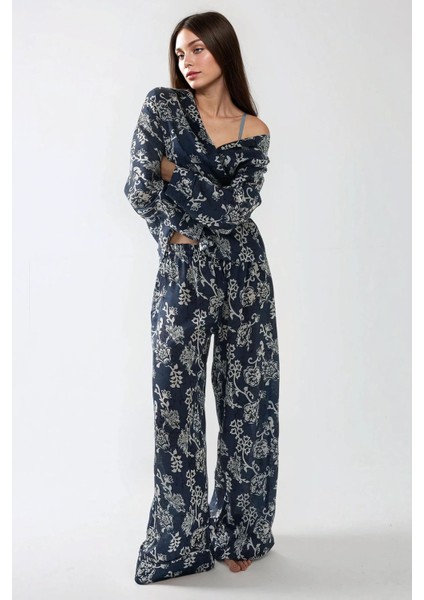 Kadın Baskılı Saten Pijama Takımı Lacivert