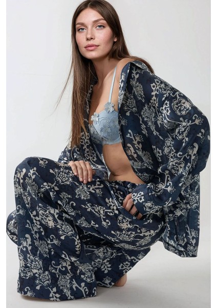 Kadın Baskılı Saten Pijama Takımı Lacivert