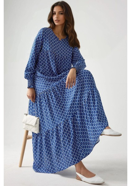 Kadın Desenli Yuvarlak Yaka Viskon Modest Elbise Blue