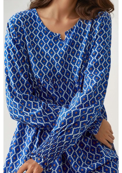 Kadın Desenli Yuvarlak Yaka Viskon Modest Elbise Blue