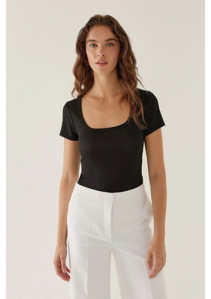 Kadın Bisiklet Yaka Örme Bodysuit Black