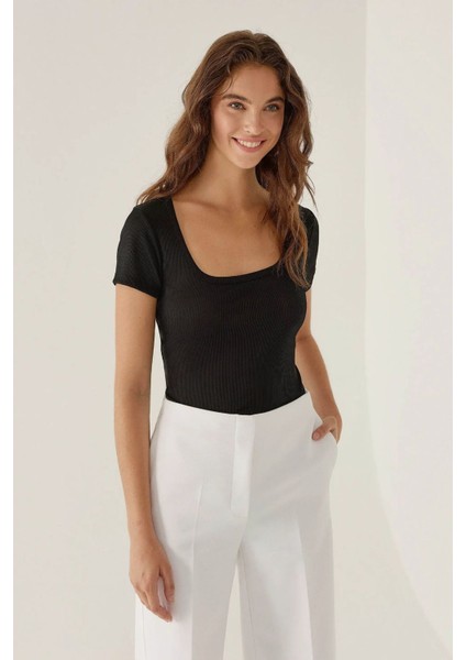 Kadın Bisiklet Yaka Örme Bodysuit Black