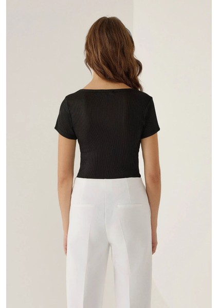 Kadın Bisiklet Yaka Örme Bodysuit Black