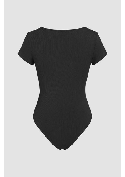 Kadın Bisiklet Yaka Örme Bodysuit Black