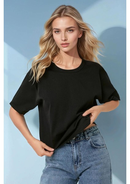 Kadın Pamuklu Basic Bisiklet Yaka T-Shirt Black