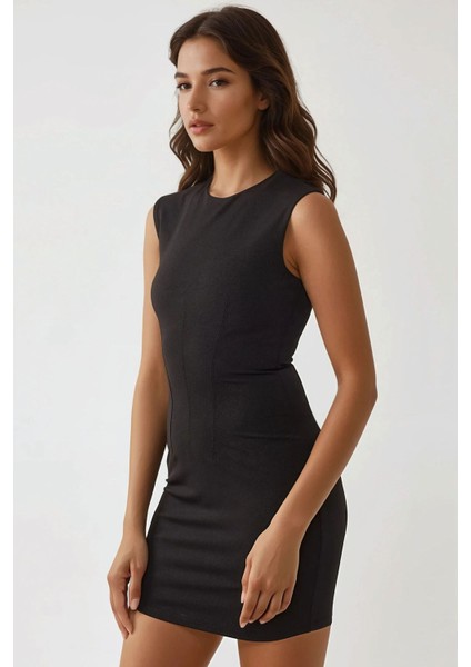 Kadın Bisiklet Yaka Pensli Mini Elbise Black
