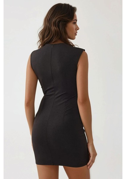 Kadın Bisiklet Yaka Pensli Mini Elbise Black