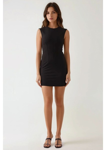 Kadın Bisiklet Yaka Pensli Mini Elbise Black