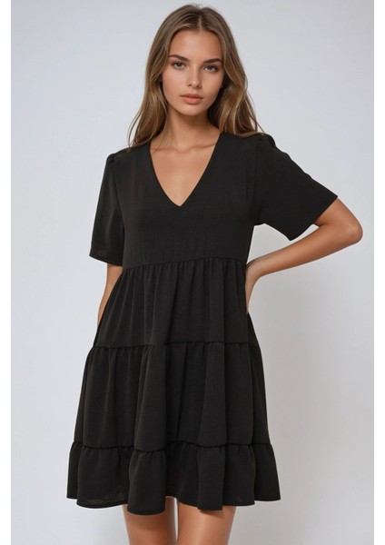 Kadın V Yaka A-Form Mini Elbise Black