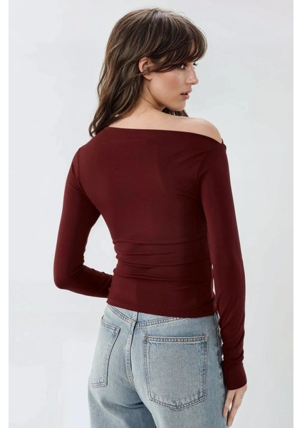 Kadın Asimetrik Yaka Drape Detaylı Örme Üst Red