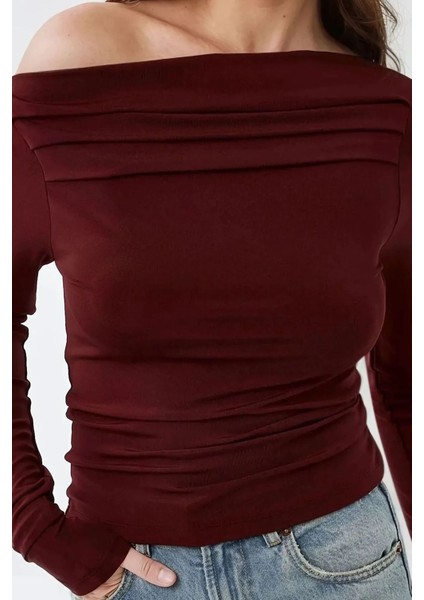 Kadın Asimetrik Yaka Drape Detaylı Örme Üst Red