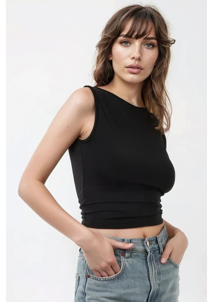 Kadın Slim Fit Sırtı Açık Kayık Yaka Örme Üst Black