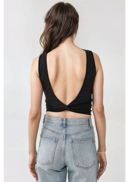 Kadın Slim Fit Sırtı Açık Kayık Yaka Örme Üst Black