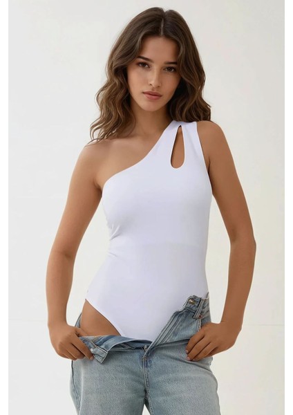 Kadın Slim Fit Asimetrik Yaka Body Üst White